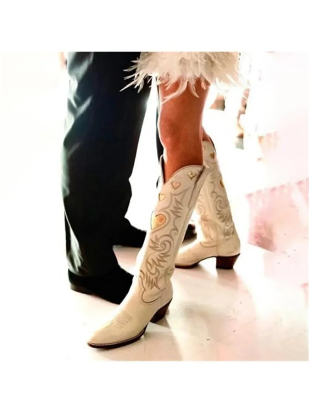 Knee High Boots for Women Heart Embroidered Western Boots Round Toe